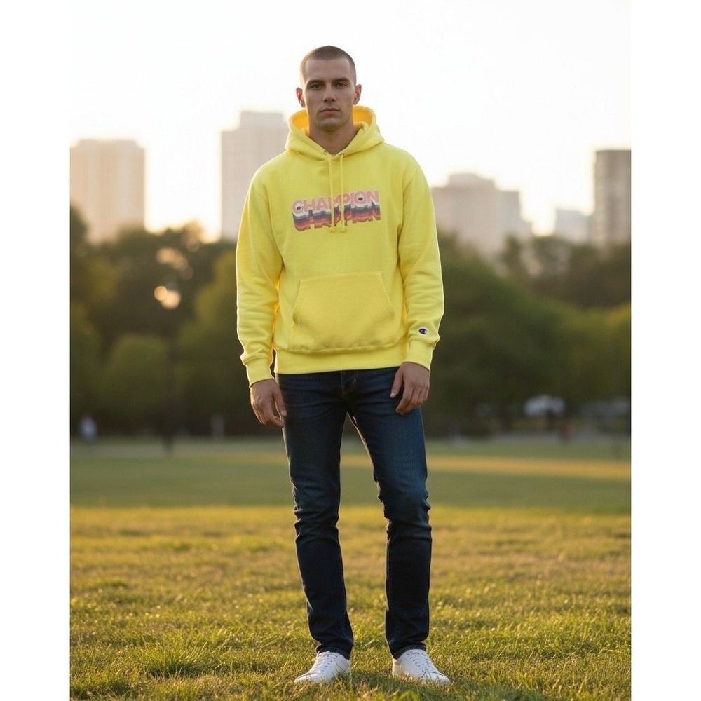 Champion Reverse Weave Hoodie Mens Medium Yellow 80s Retro Graphic Sweatshirt‎